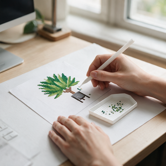 Urban Jungle diamond painting kit: fan palm canvas by an office window