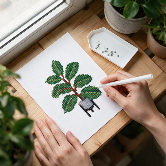 The Lush Edit diamond painting kit: fiddle leaf fig canvas on a plant shelf