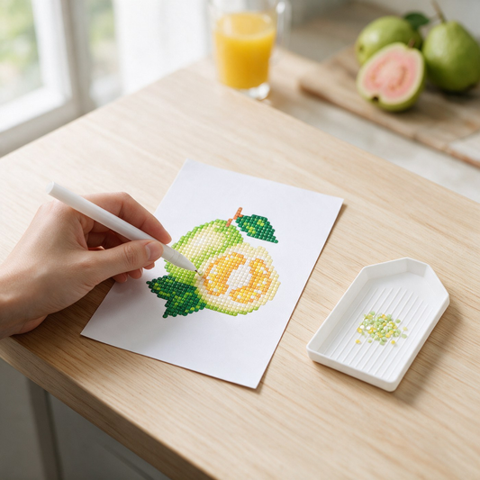 Fruit Punch diamond painting kit: guava canvas on a breakfast bar