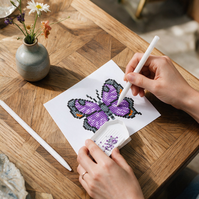 Flutter By diamond painting kit: morpho butterfly canvas on a dining table