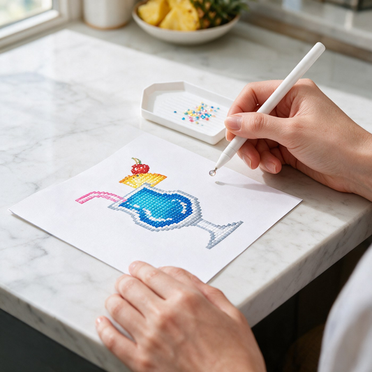 Pour & Sparkle diamond painting kit: blue cocktail canvas on a marble windowsill