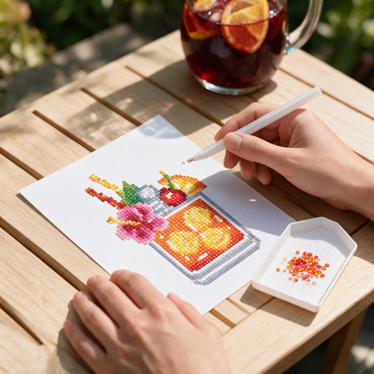 Pour & Sparkle diamond painting kit: sangria canvas on a garden table