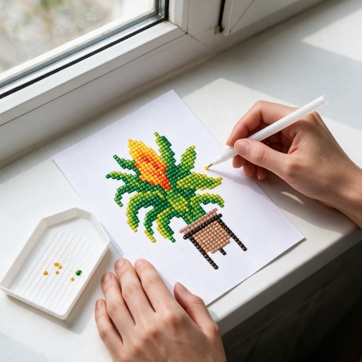 Tropical Maximalist diamond painting kit: bird of paradise canvas on a kitchen windowsill