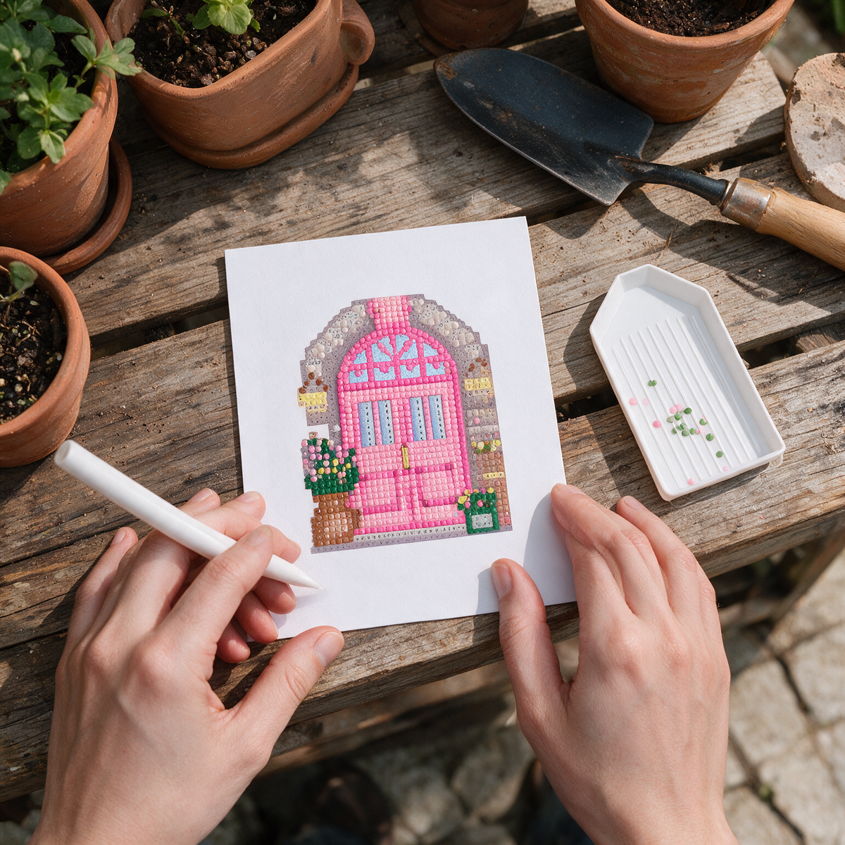Secret Garden diamond painting kit: pink cottage door canvas on a potting bench