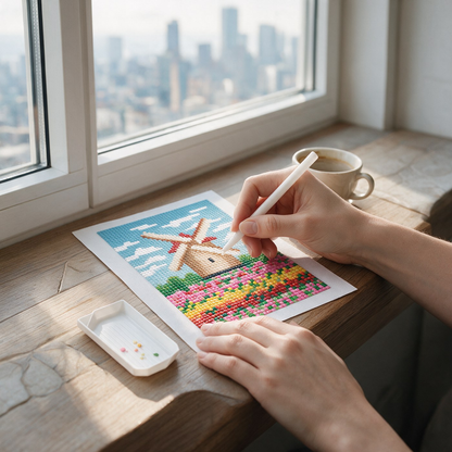 European Escape diamond painting kit: Dutch windmill and tulip fields canvas by a window seat