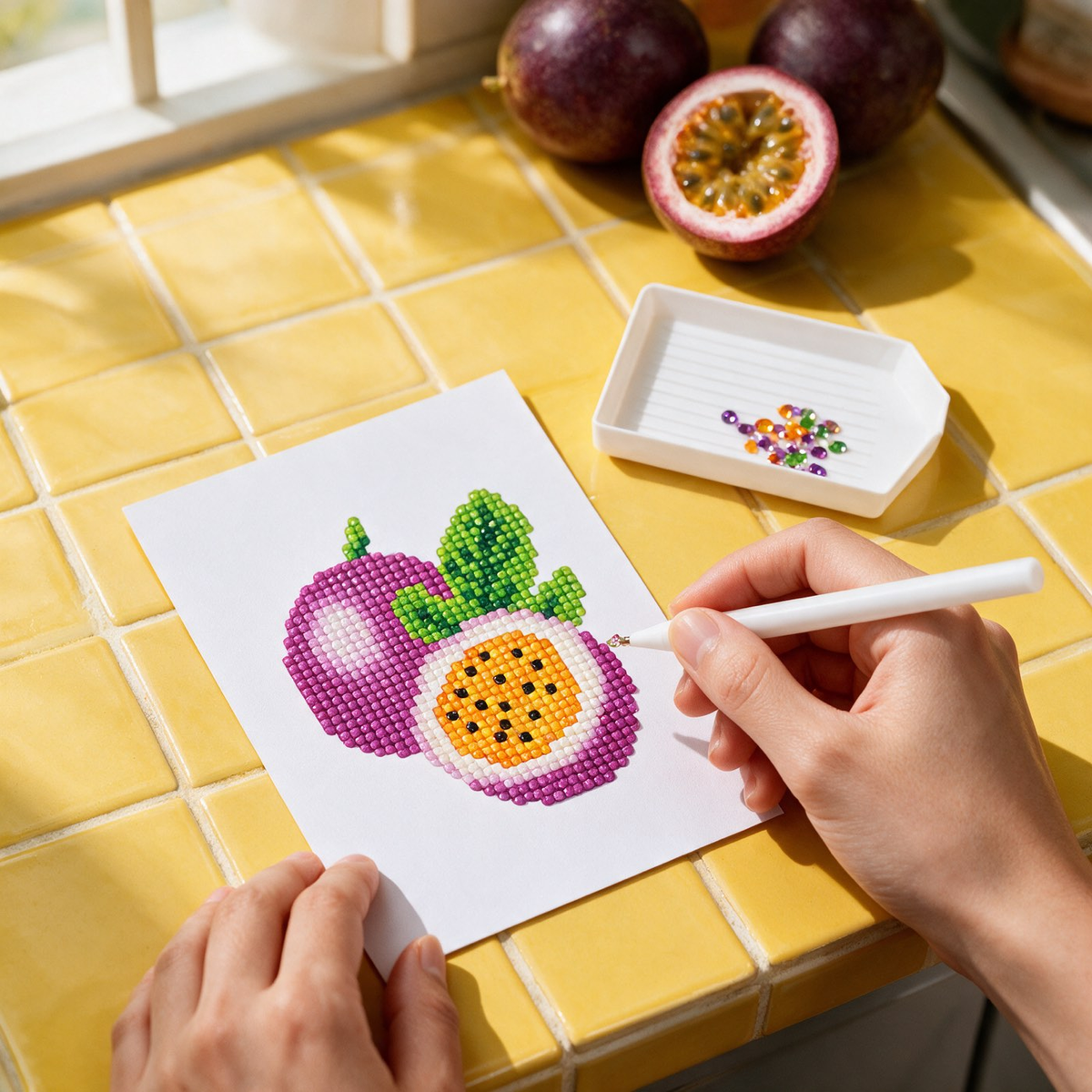Fruit Punch diamond painting kit: passion fruit canvas on yellow tile