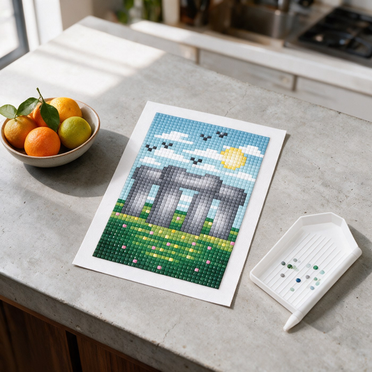 European Escape diamond painting kit: Stonehenge canvas on a concrete counter