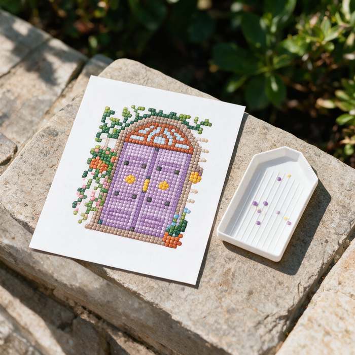 Secret Garden diamond painting kit: purple vine door canvas on a stone step