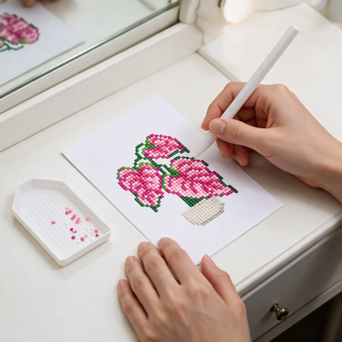 Tropical Maximalist diamond painting kit: pink flower canvas on a vanity table