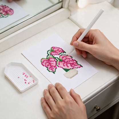 Tropical Maximalist diamond painting kit: pink flower canvas on a vanity table