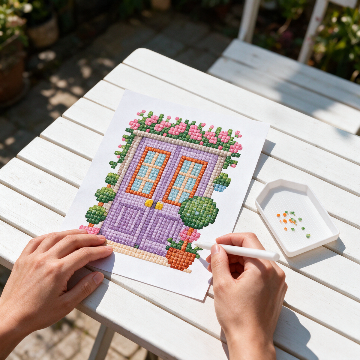Secret Garden diamond painting kit: purple rose door canvas on a bistro table