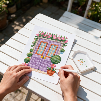 Secret Garden diamond painting kit: purple rose door canvas on a bistro table