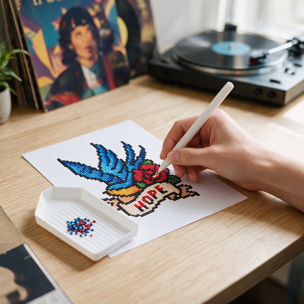 Flash & Ink diamond painting kit: swallow and hope tattoo flash canvas on a record desk
