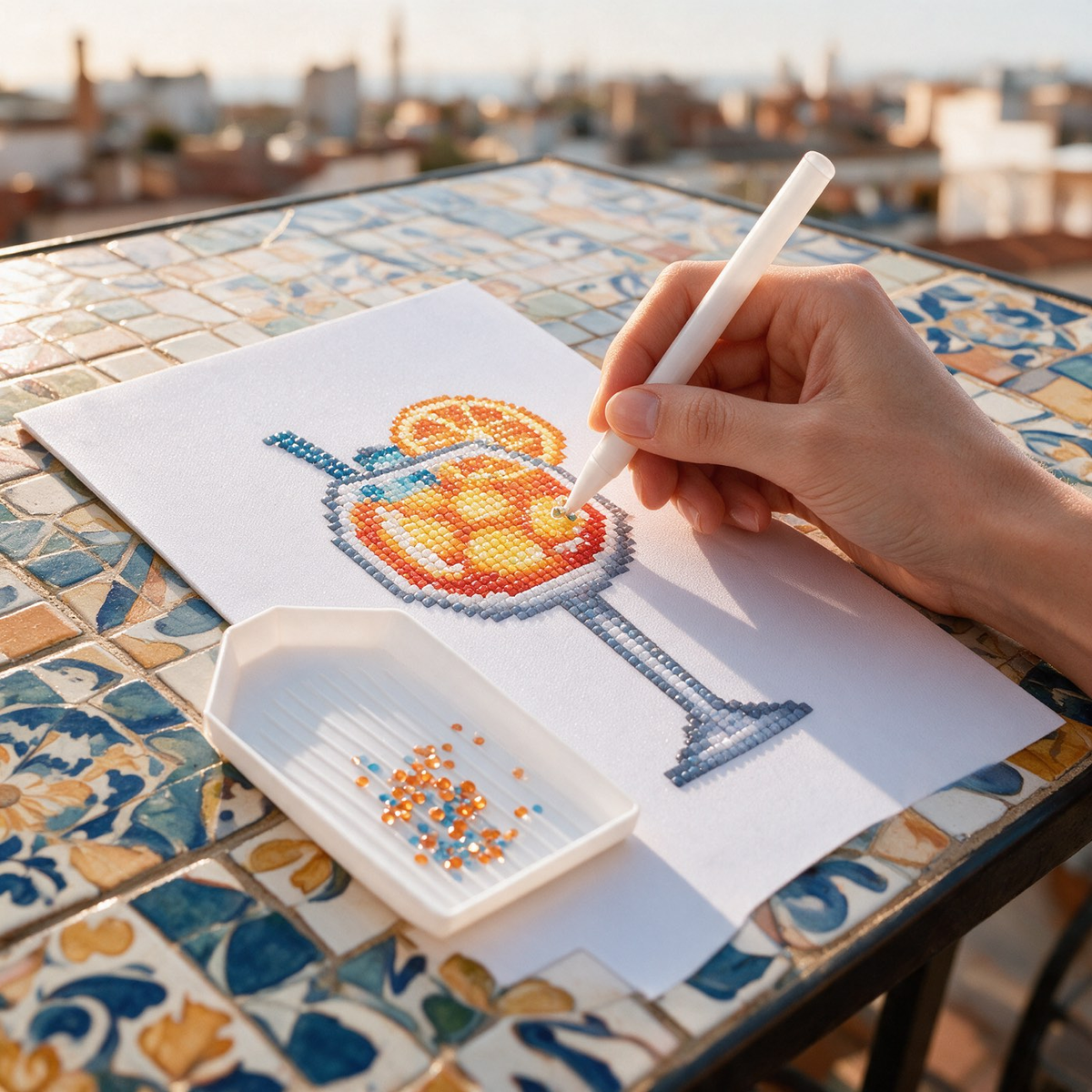 Pour & Sparkle diamond painting kit: Aperol Spritz canvas on rooftop tile
