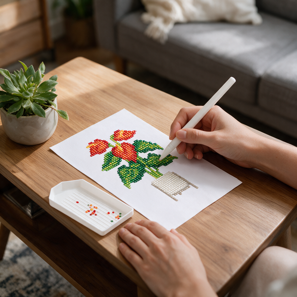 Tropical Maximalist diamond painting kit: anthurium canvas on a coffee table
