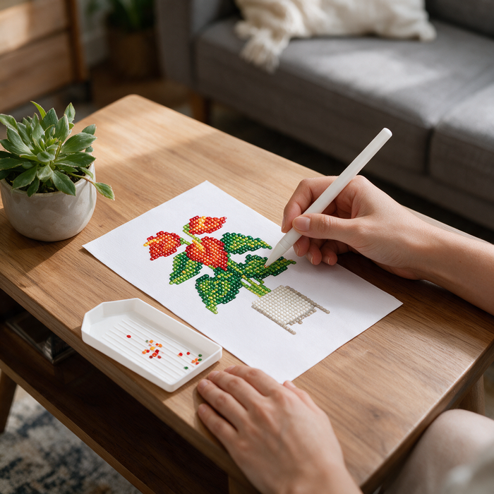 Tropical Maximalist diamond painting kit: anthurium canvas on a coffee table