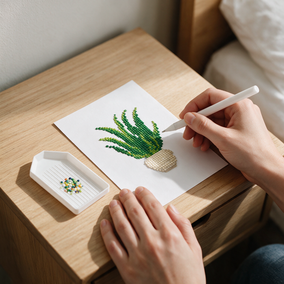 Urban Jungle diamond painting kit: snake plant canvas on a nightstand