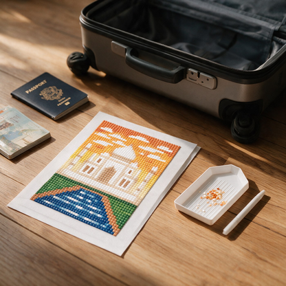 European Escape diamond painting kit: Taj Mahal canvas beside an open suitcase