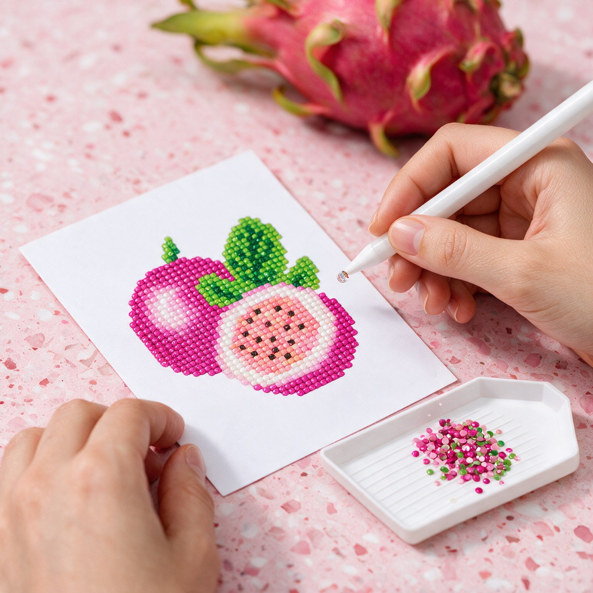 Fruit Punch diamond painting kit: dragon fruit canvas on terrazzo