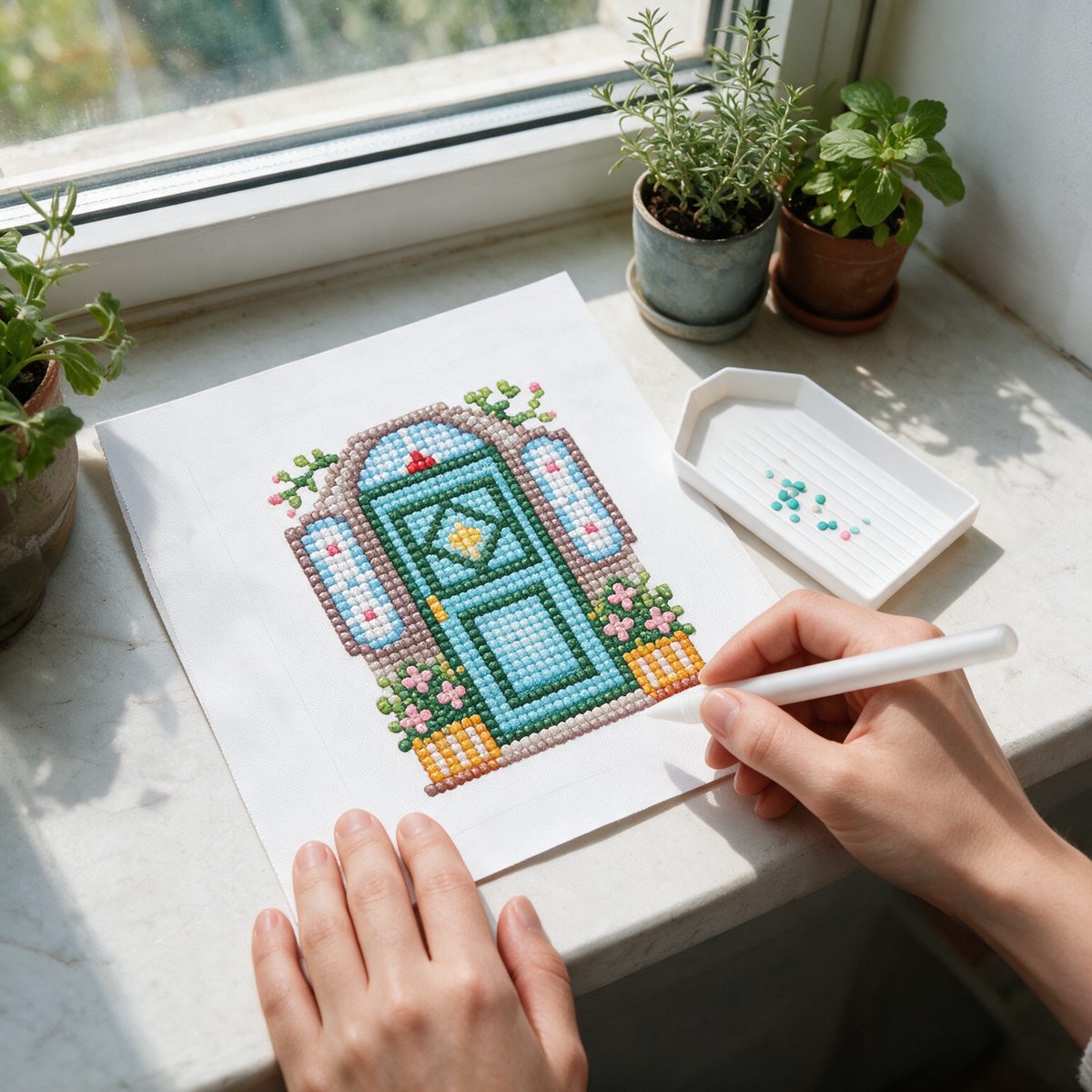 Secret Garden diamond painting kit: teal diamond door canvas on a windowsill