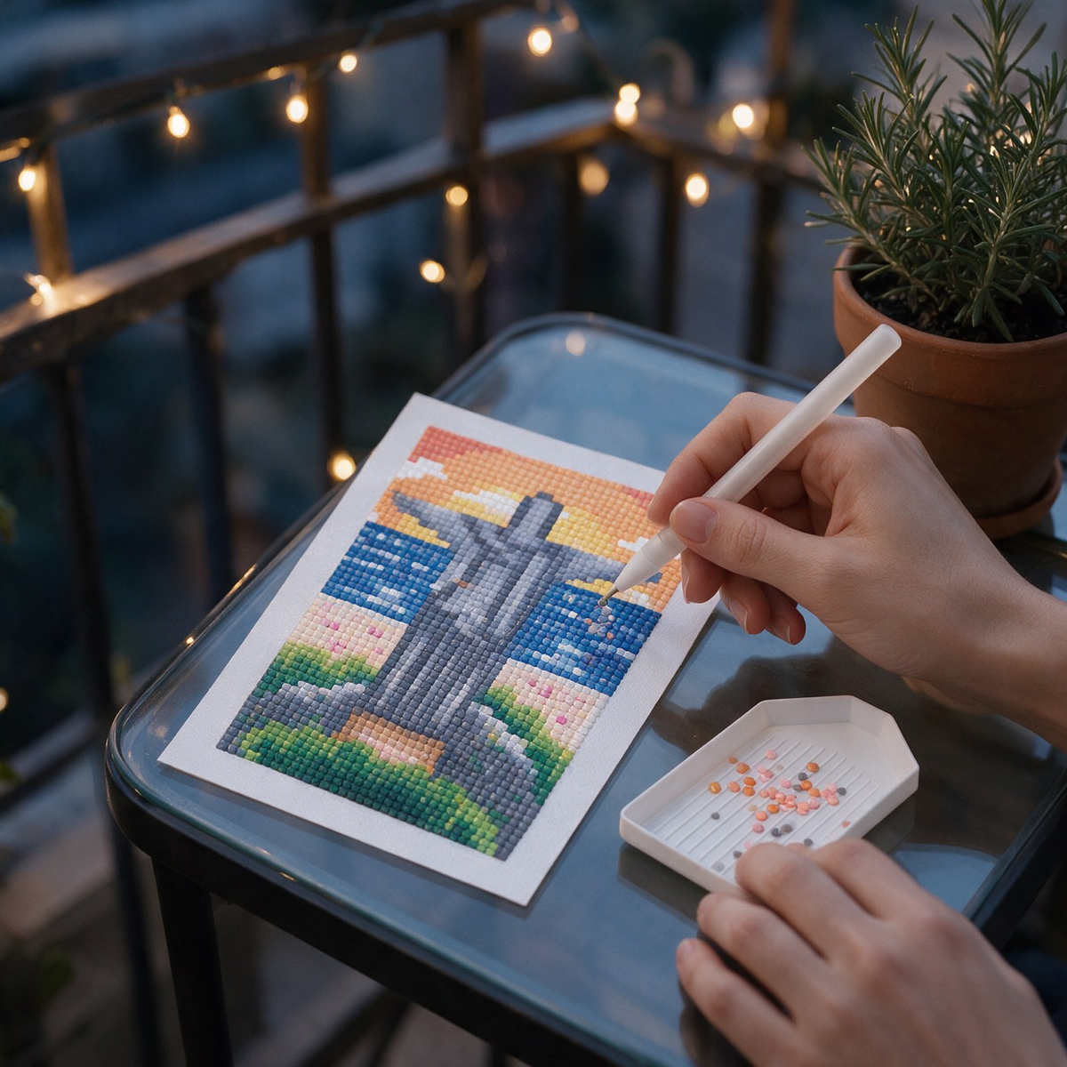 European Escape diamond painting kit: Christ the Redeemer canvas on a balcony table
