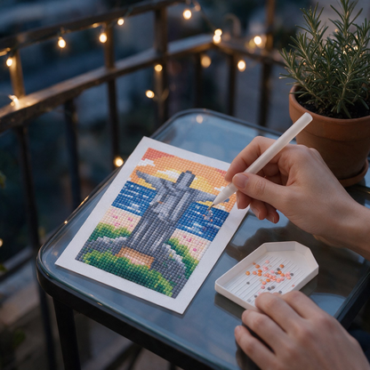 European Escape diamond painting kit: Christ the Redeemer canvas on a balcony table