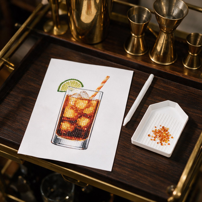 Pour & Sparkle diamond painting kit: whiskey glass canvas on a bar cart