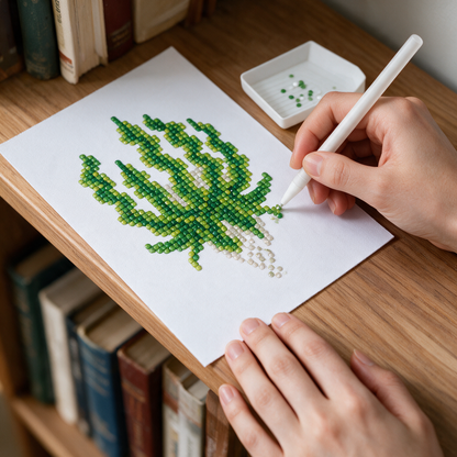Tropical Maximalist diamond painting kit: fern canvas on a bookshelf