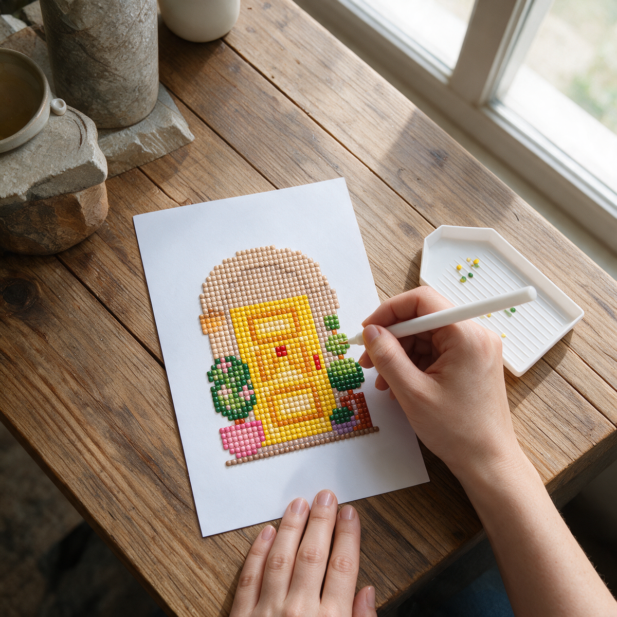 Secret Garden diamond painting kit: yellow cottage door canvas on a farmhouse table