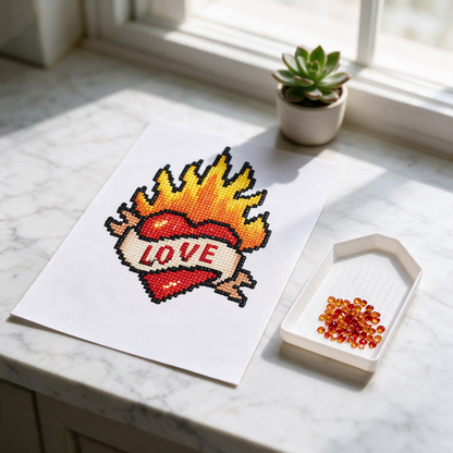 Flash & Ink diamond painting kit: flaming heart tattoo flash canvas on a marble counter