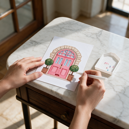 Secret Garden diamond painting kit: rose-covered door canvas on a console table