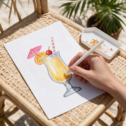 Pour & Sparkle diamond painting kit: piña colada canvas on a rattan chair