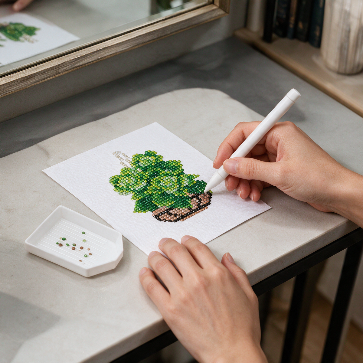 Tropical Maximalist diamond painting kit: succulent canvas on a console table