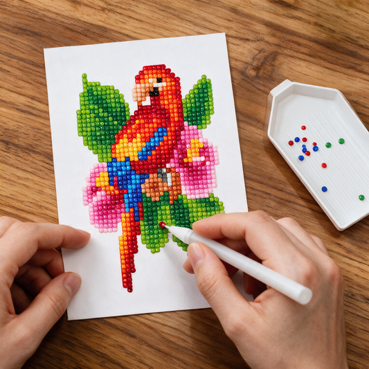 Tropical Flock diamond painting kit: parrot canvas on a dining table