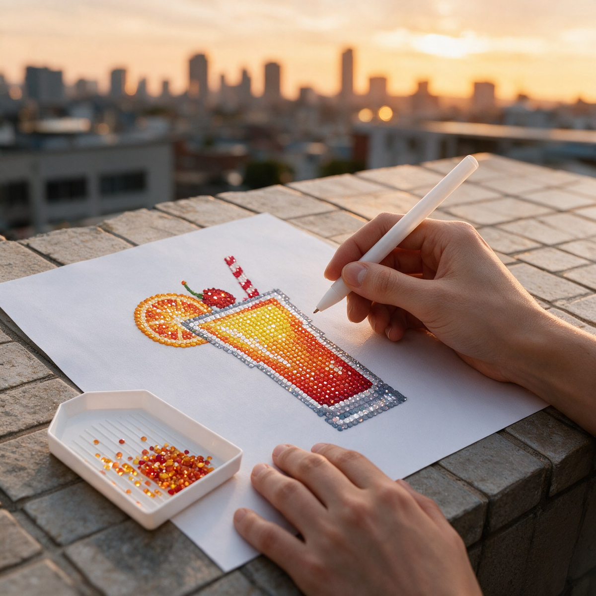 Pour & Sparkle diamond painting kit: Tequila Sunrise canvas at rooftop sunset