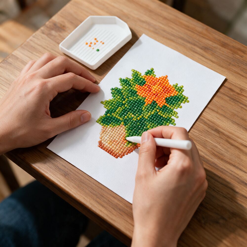 Tropical Maximalist diamond painting kit: orange flower canvas on a dining table