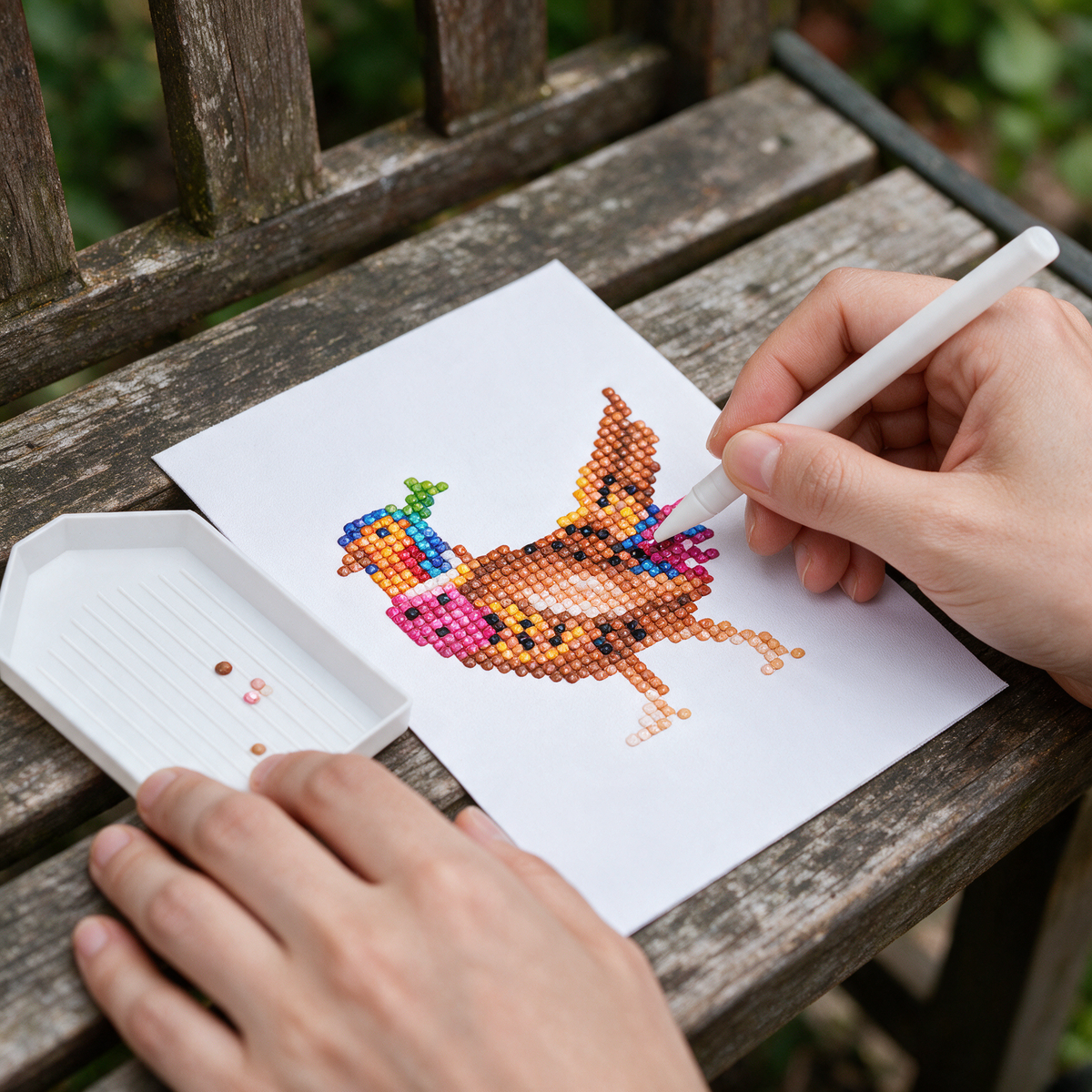 Tropical Flock diamond painting kit: pheasant canvas on a garden bench