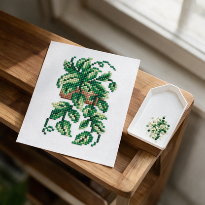 Urban Jungle diamond painting kit: trailing pothos canvas on a shelf