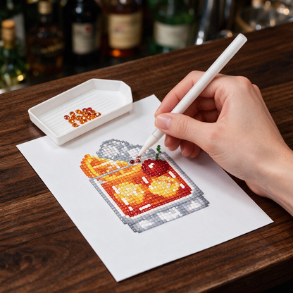 Pour & Sparkle diamond painting kit: Old Fashioned cocktail canvas on a walnut bar