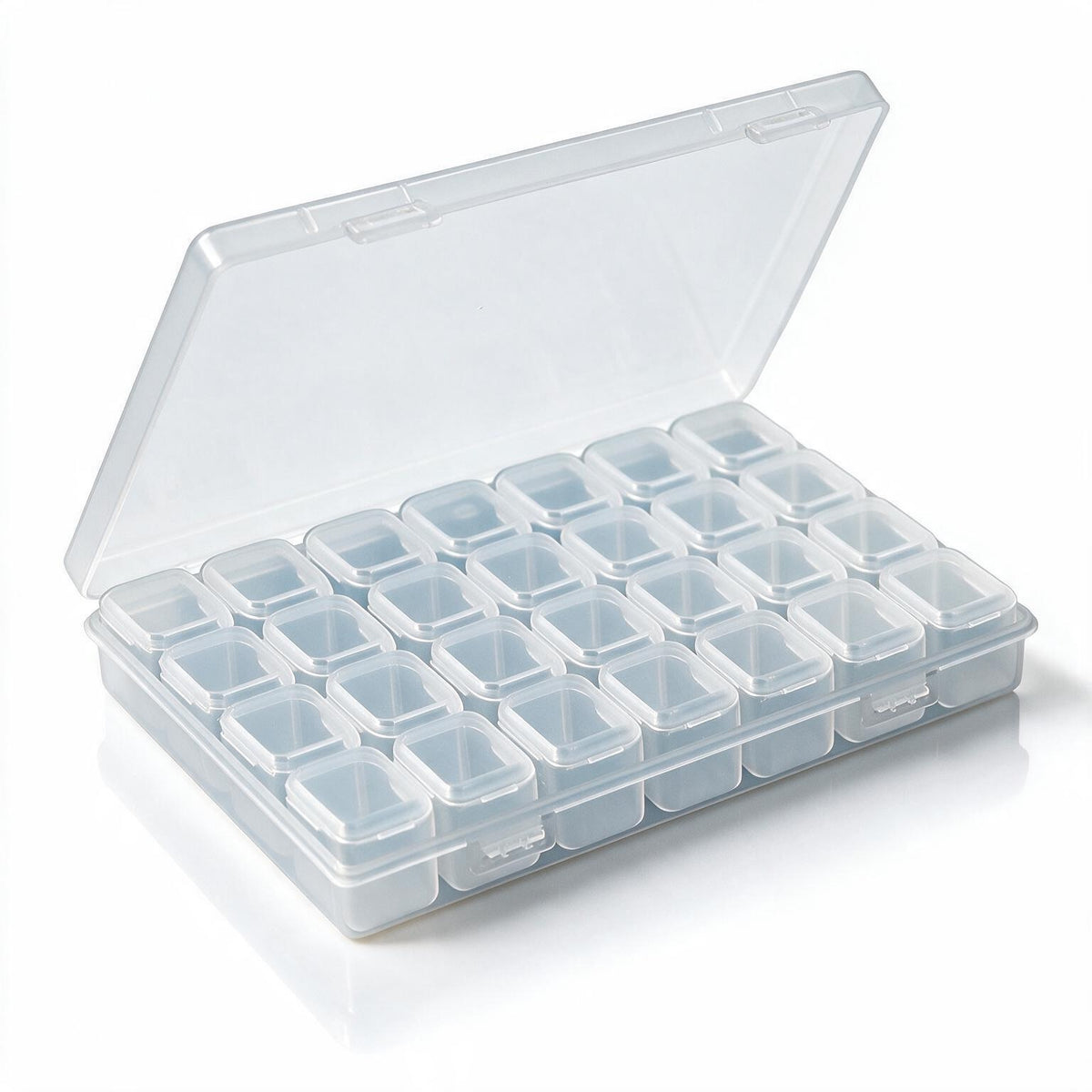 A clear plastic multi-compartment storage organizer box with an open lid, shown on a clean white background.