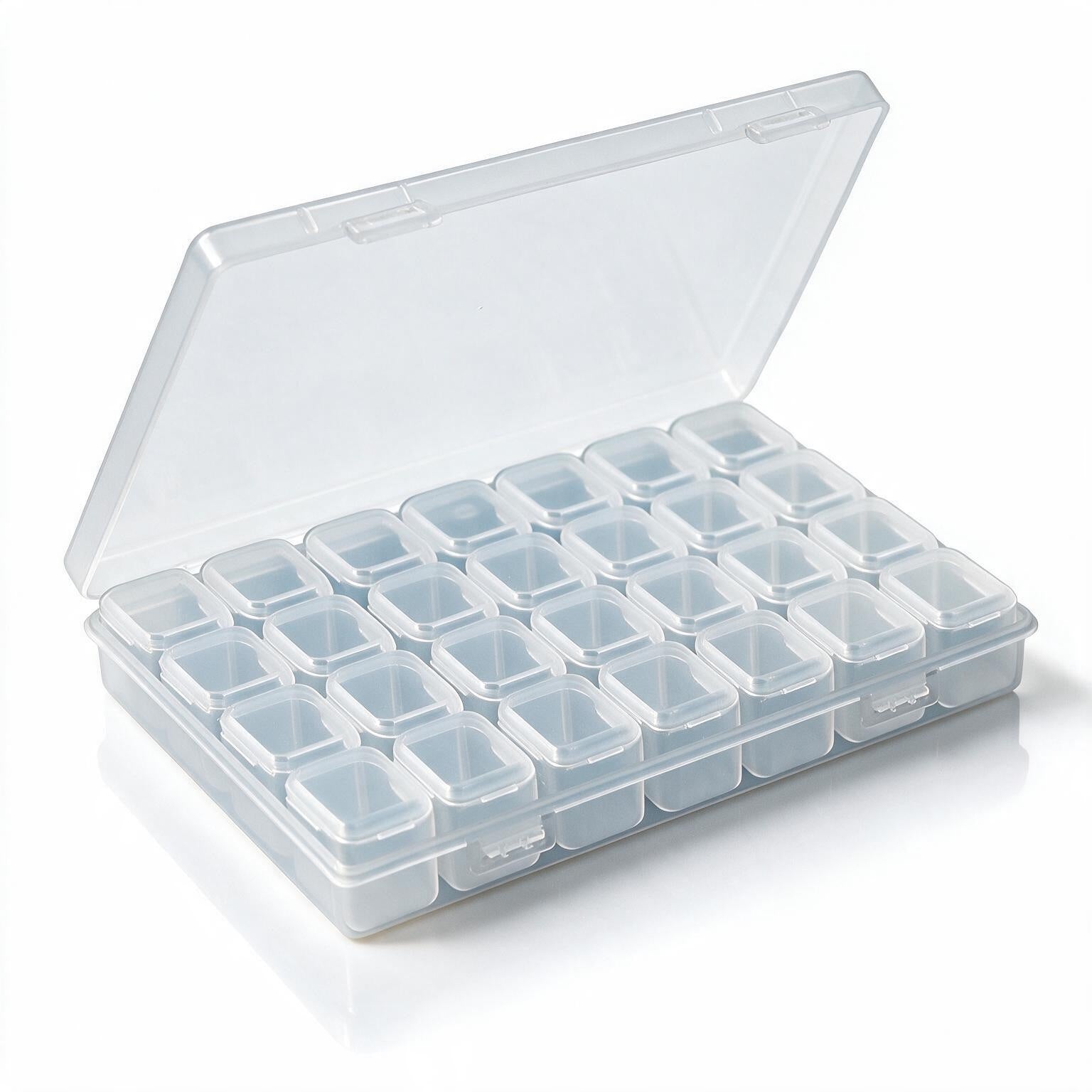 A clear plastic multi-compartment storage organizer box with an open lid, shown on a clean white background.