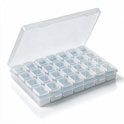 A clear plastic multi-compartment storage organizer box with an open lid, shown on a clean white background.