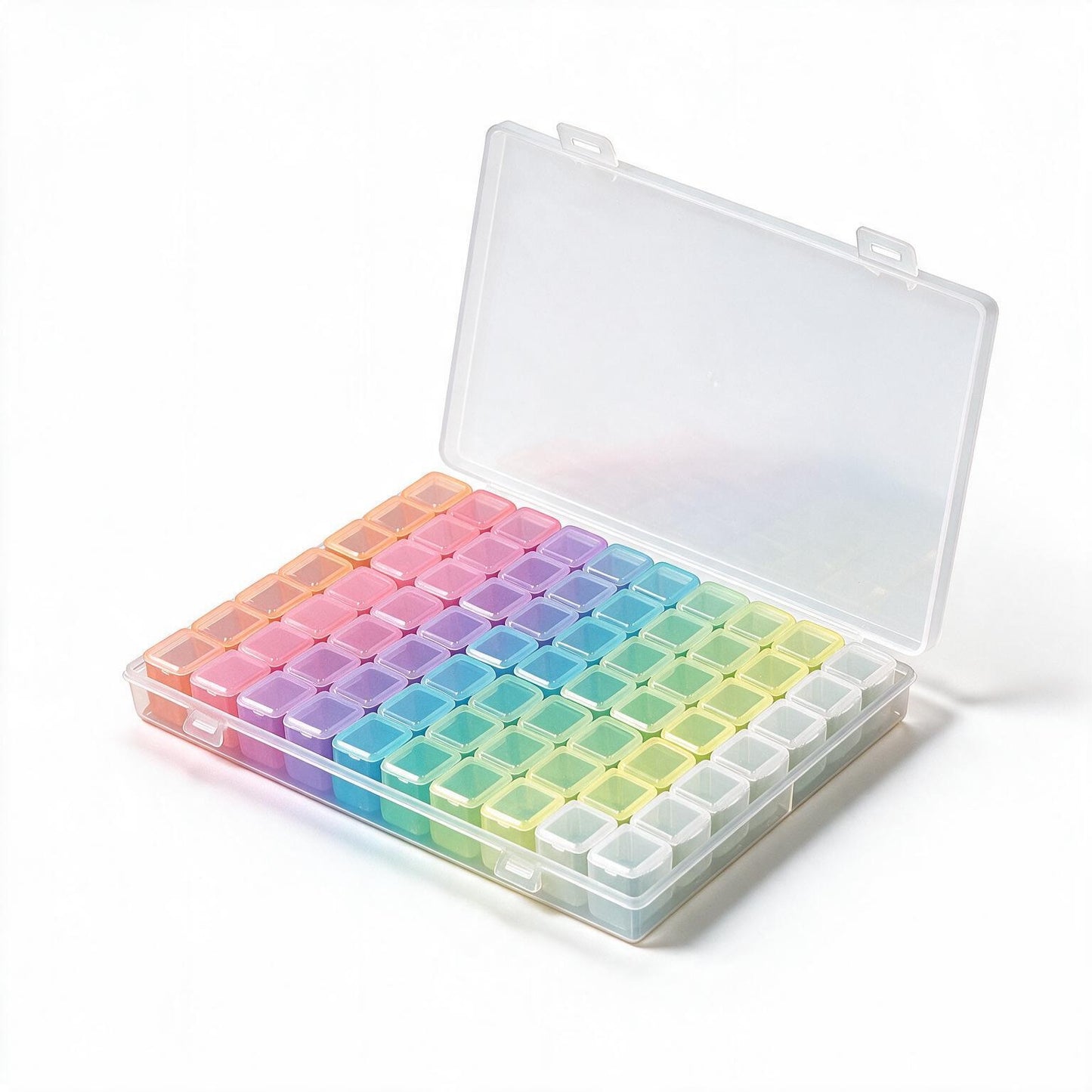 A clear plastic organizer case with an open lid, holding multiple small square compartments filled with pastel rainbow-colored items, photographed on a clean white background.
