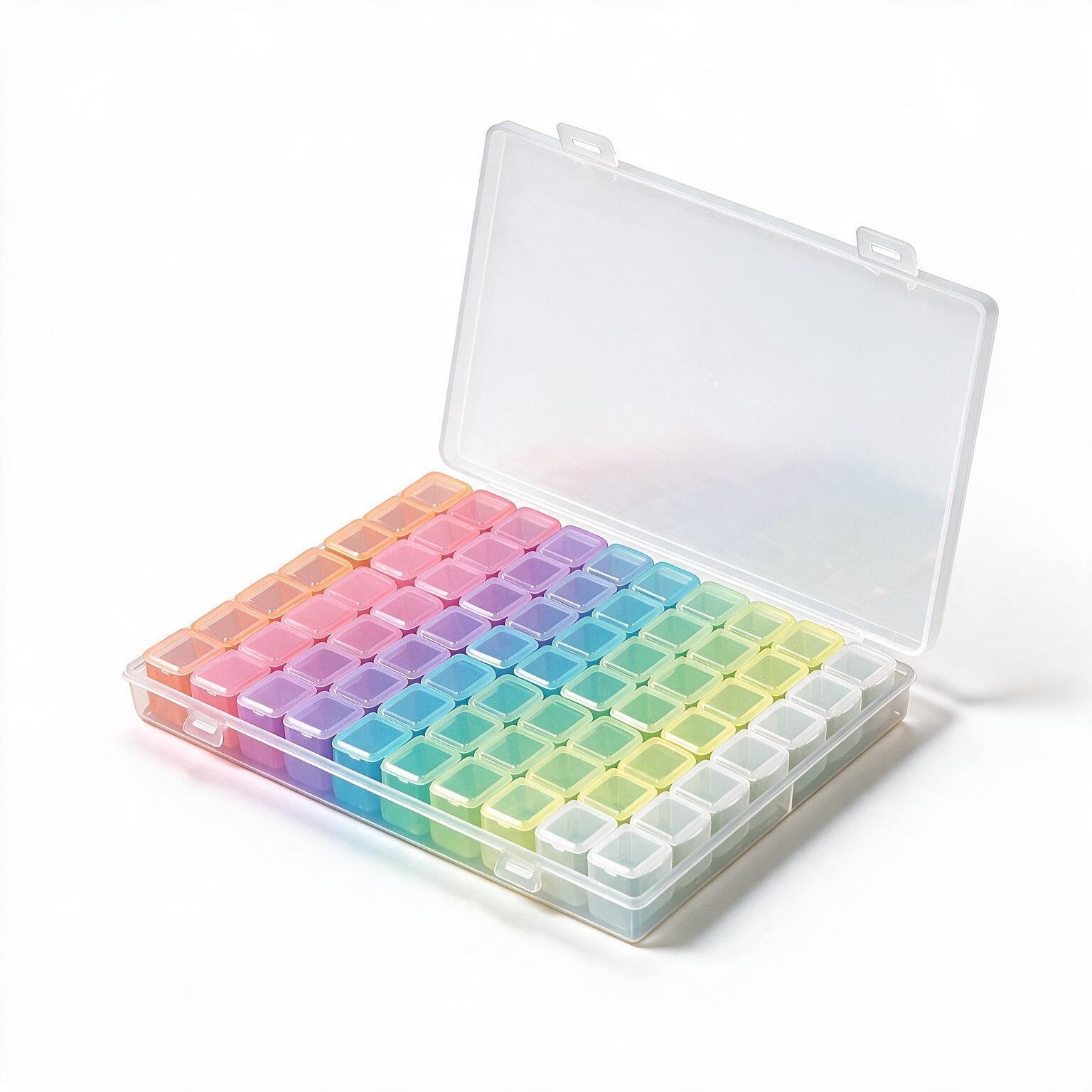 A clear plastic organizer case with an open lid, holding multiple small square compartments filled with pastel rainbow-colored items, photographed on a clean white background.