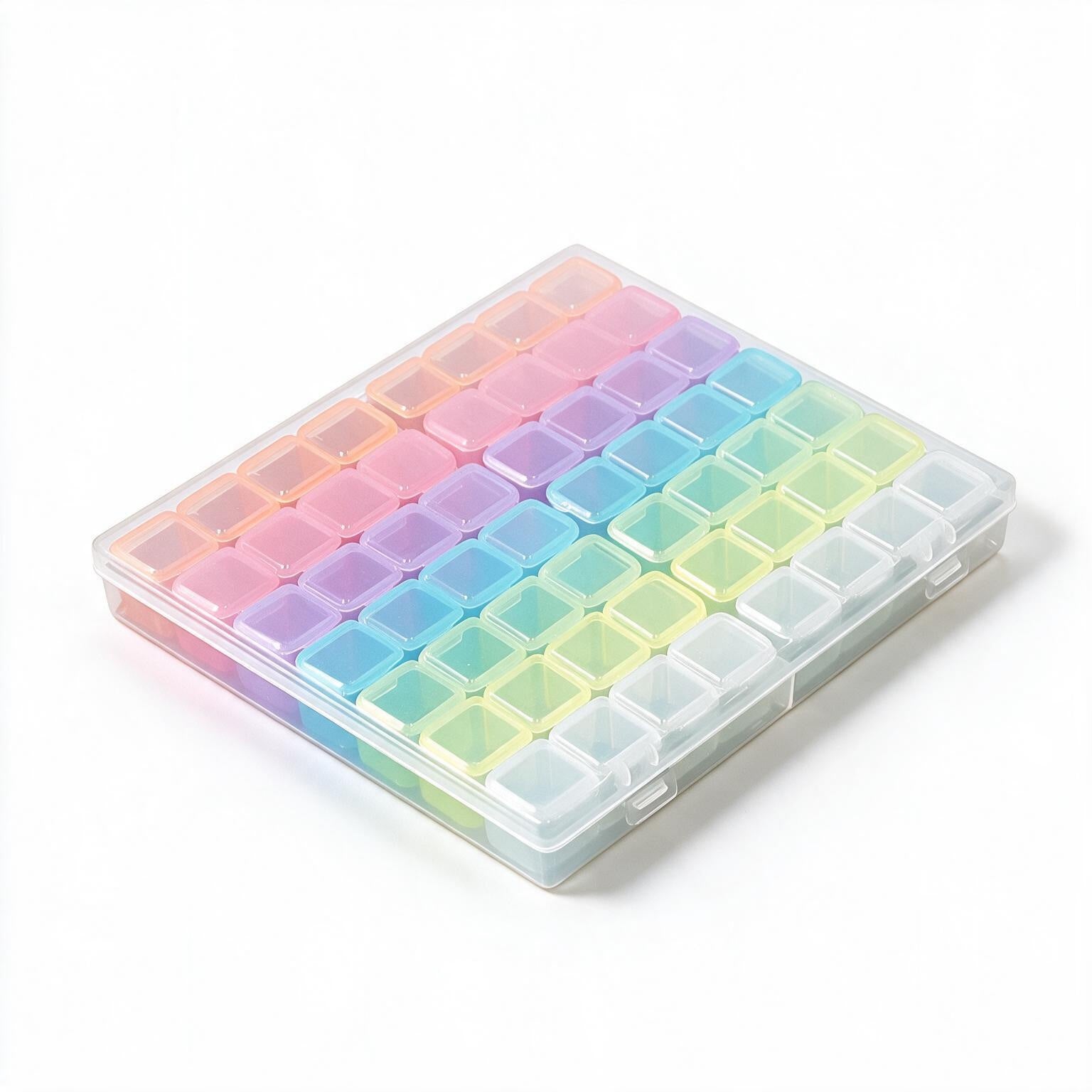 A translucent plastic organizer box with multiple small square compartments arranged in rows, shown on a clean white background. The compartments are tinted in a rainbow gradient transitioning from pink and orange to blue, green, and yellow.