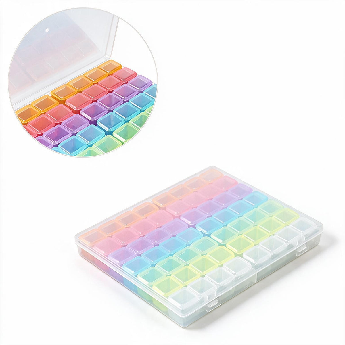 A clear plastic organizer box with multiple small square compartments arranged in rows, shown open on a white background. The compartments are filled with pastel rainbow-colored items, and a circular inset close-up highlights the colorful arrangement.